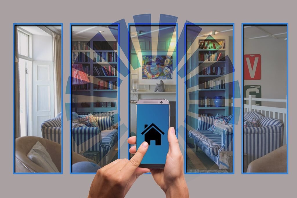 A smartphone controlling a smart home automation system, featuring smart lighting, security, and entertainment integration.