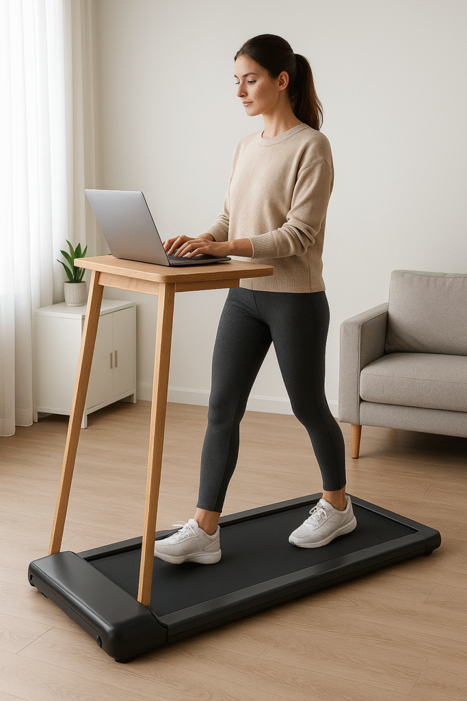 Woman walking on a compact under-desk walking pad in a modern home office setup with a laptop and desk.